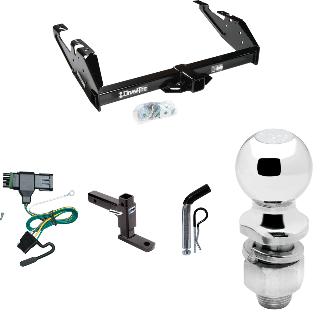 Fits 1992-2000 Chevrolet C2500 Trailer Hitch Tow PKG w/ 4-Flat Wiring Harness + Adjustable Drop Rise Ball Mount + Pin/Clip + 2" Ball (For Crew Cab Models) By Draw-Tite