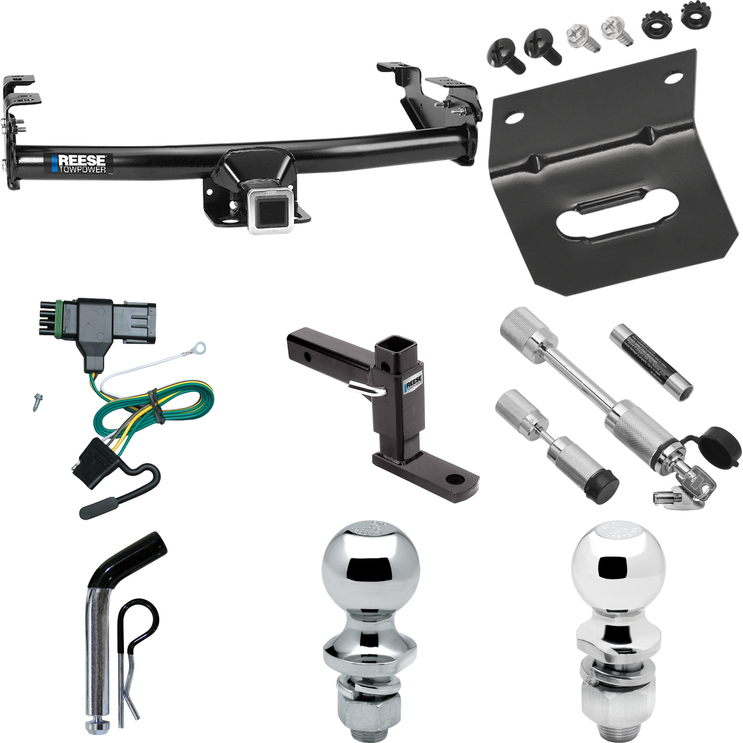 Fits 1988-2000 GMC K3500 Trailer Hitch Tow PKG w/ 4-Flat Wiring Harness + Adjustable Drop Rise Ball Mount + Pin/Clip + 2" Ball + 1-7/8" Ball + Dual Hitch & Coupler Locks By Reese Towpower