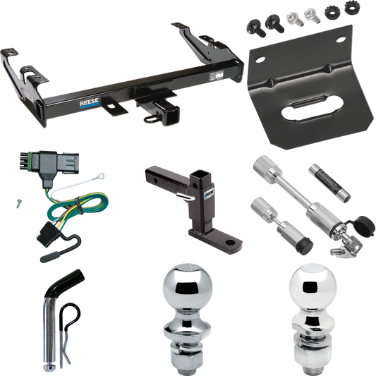 Fits 1988-2000 Chevrolet C3500 Trailer Hitch Tow PKG w/ 4-Flat Wiring Harness + Adjustable Drop Rise Ball Mount + Pin/Clip + 2" Ball + 1-7/8" Ball + Dual Hitch & Coupler Locks (For Regular & Extended Cabs Models) By Reese Towpower