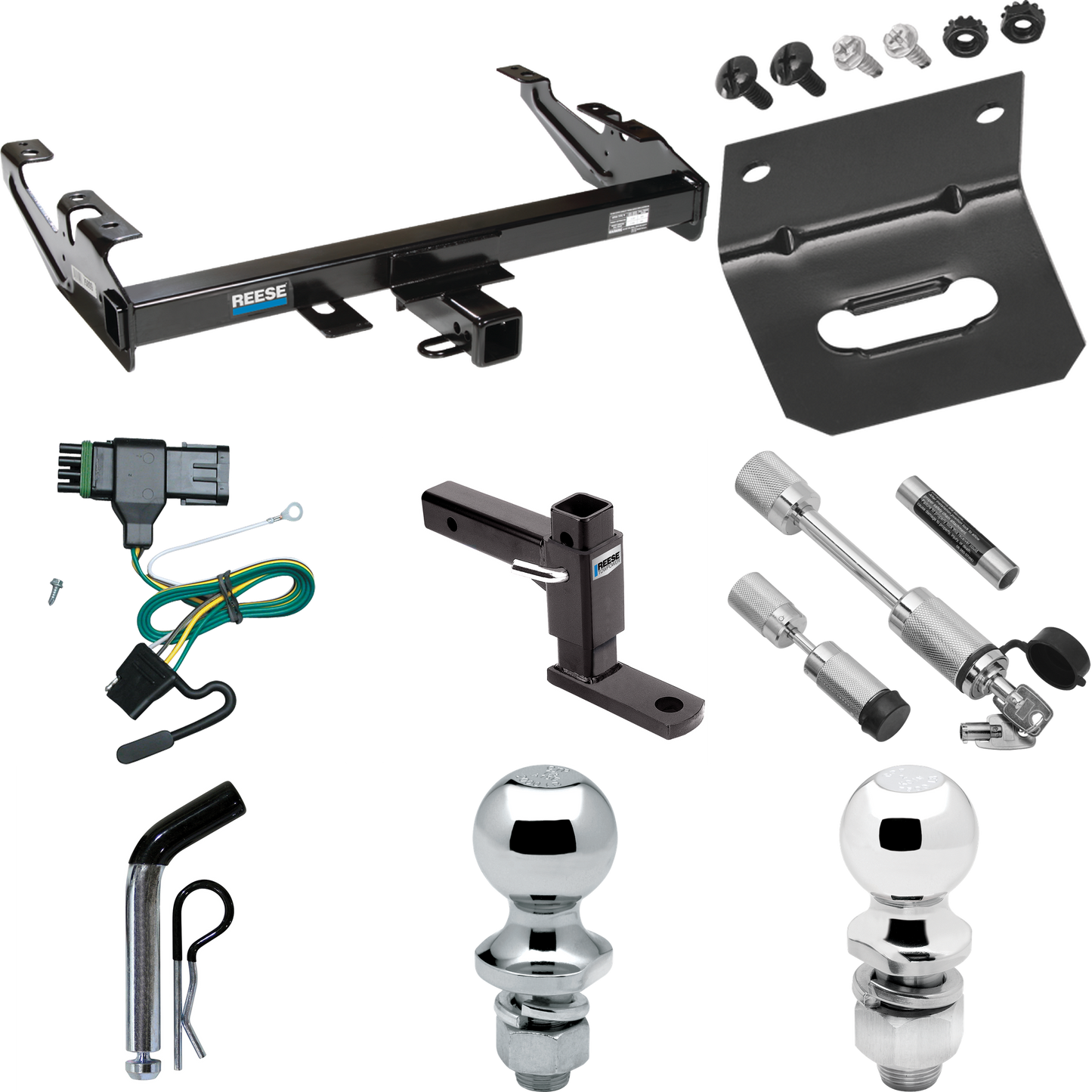 Fits 1988-2000 GMC K3500 Trailer Hitch Tow PKG w/ 4-Flat Wiring Harness + Adjustable Drop Rise Ball Mount + Pin/Clip + 2" Ball + 1-7/8" Ball + Dual Hitch & Coupler Locks By Reese Towpower