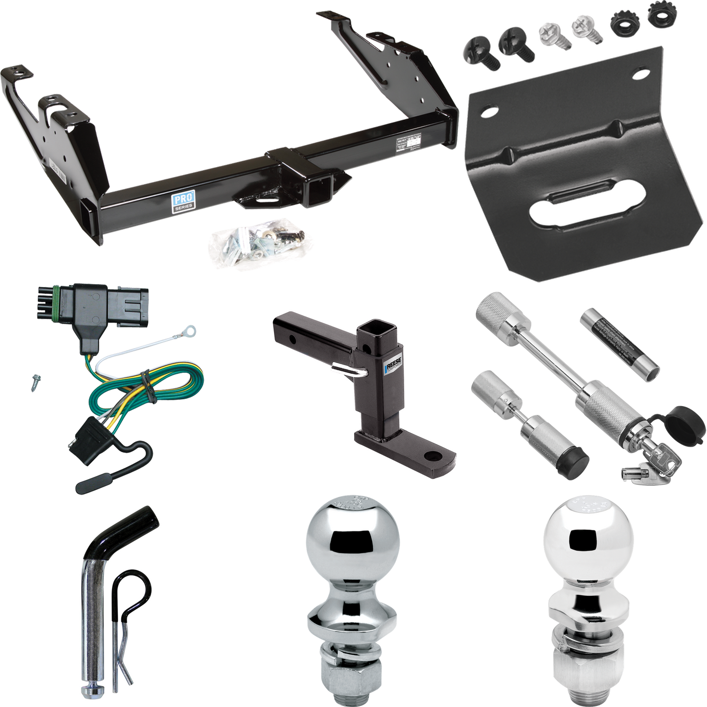 Fits 1988-1999 Chevrolet C1500 Trailer Hitch Tow PKG w/ 4-Flat Wiring Harness + Adjustable Drop Rise Ball Mount + Pin/Clip + 2" Ball + 1-7/8" Ball + Dual Hitch & Coupler Locks By Reese Towpower