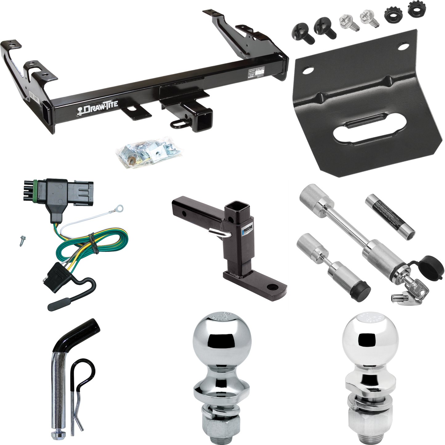 Fits 1988-2000 Chevrolet C3500 Trailer Hitch Tow PKG w/ 4-Flat Wiring Harness + Adjustable Drop Rise Ball Mount + Pin/Clip + 2" Ball + 1-7/8" Ball + Dual Hitch & Coupler Locks (For Regular & Extended Cabs Models) By Draw-Tite