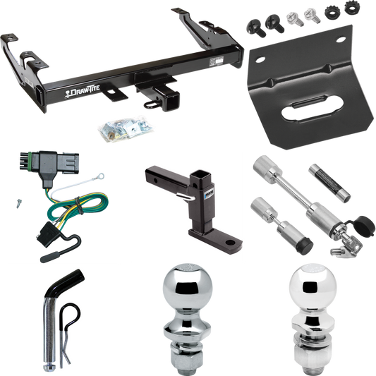 Fits 1988-2000 Chevrolet C3500 Trailer Hitch Tow PKG w/ 4-Flat Wiring Harness + Adjustable Drop Rise Ball Mount + Pin/Clip + 2" Ball + 1-7/8" Ball + Dual Hitch & Coupler Locks (For Regular & Extended Cabs Models) By Draw-Tite