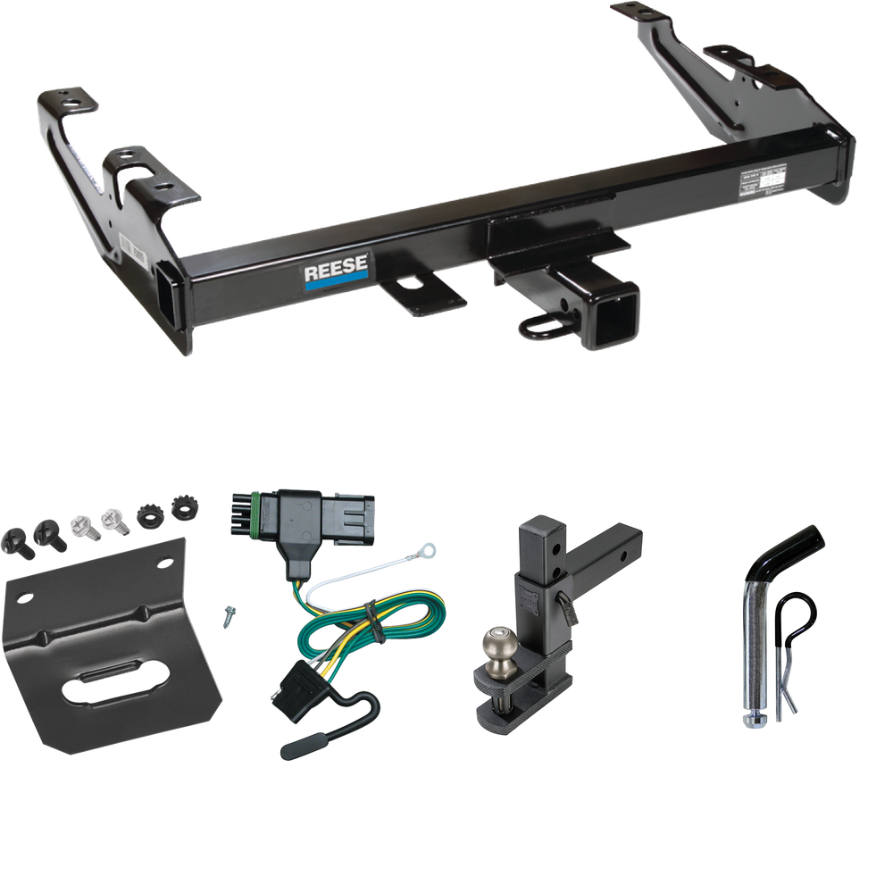 Fits 1988-2000 GMC C3500 Trailer Hitch Tow PKG w/ 4-Flat Wiring Harness + Adjustable Drop Rise Clevis Hitch Ball Mount w/ 2" Ball + Pin/Clip + Wiring Bracket By Reese Towpower