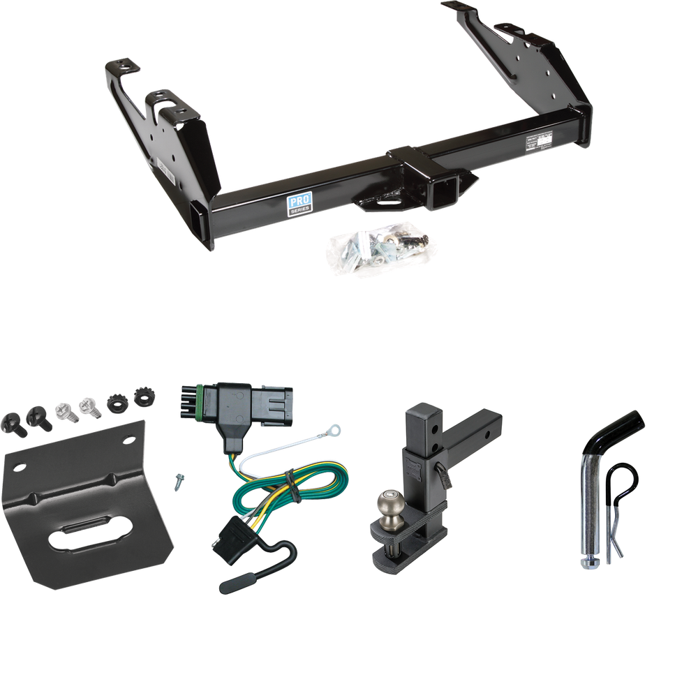 Fits 1988-2000 GMC C2500 Trailer Hitch Tow PKG w/ 4-Flat Wiring Harness + Adjustable Drop Rise Clevis Hitch Ball Mount w/ 2" Ball + Pin/Clip + Wiring Bracket By Reese Towpower