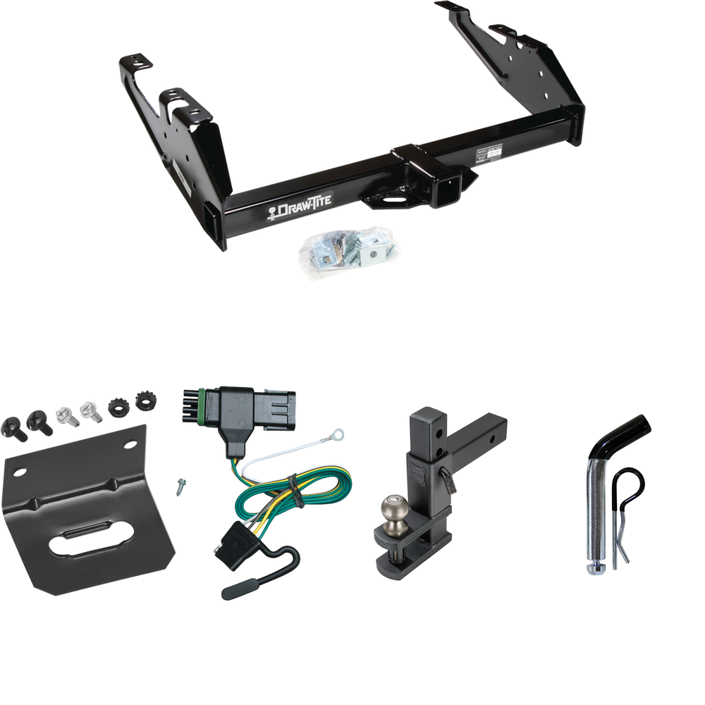 Fits 1988-2000 Chevrolet K3500 Trailer Hitch Tow PKG w/ 4-Flat Wiring Harness + Adjustable Drop Rise Clevis Hitch Ball Mount w/ 2" Ball + Pin/Clip + Wiring Bracket (For Regular & Extended Cabs Models) By Draw-Tite