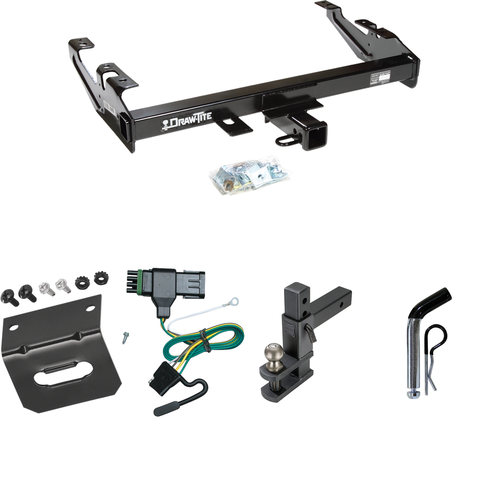 Fits 1992-2000 Chevrolet K2500 Trailer Hitch Tow PKG w/ 4-Flat Wiring Harness + Adjustable Drop Rise Clevis Hitch Ball Mount w/ 2" Ball + Pin/Clip + Wiring Bracket (For Crew Cab Models) By Draw-Tite