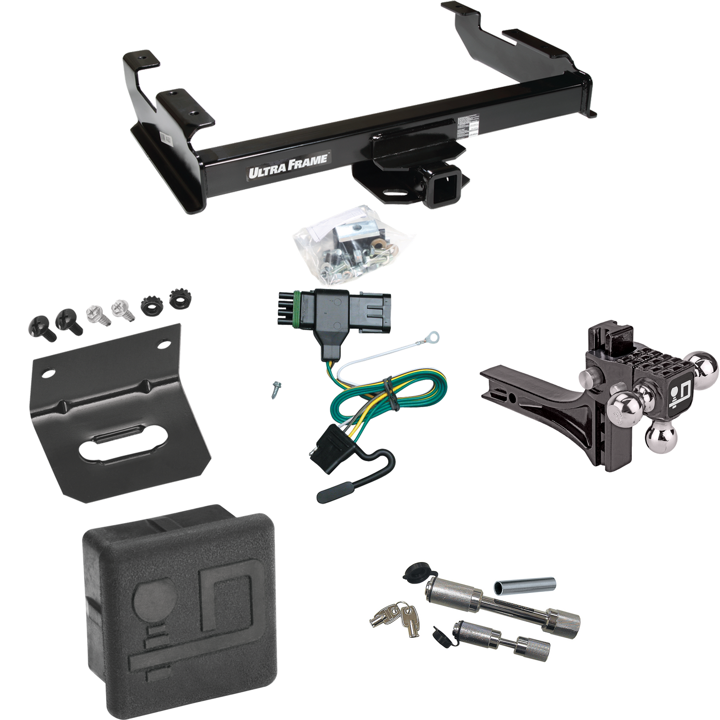 Fits 1988-2000 GMC K2500 Trailer Hitch Tow PKG w/ 4-Flat Wiring Harness + Adjustable Drop Rise Triple Ball Ball Mount 1-7/8" & 2" & 2-5/16" Trailer Balls + Dual Hitch & Coupler Locks + Hitch Cover + Wiring Bracket By Draw-Tite