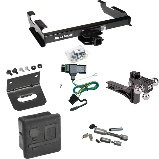 Fits 1988-2000 GMC K2500 Trailer Hitch Tow PKG w/ 4-Flat Wiring Harness + Adjustable Drop Rise Triple Ball Ball Mount 1-7/8" & 2" & 2-5/16" Trailer Balls + Dual Hitch & Coupler Locks + Hitch Cover + Wiring Bracket By Draw-Tite