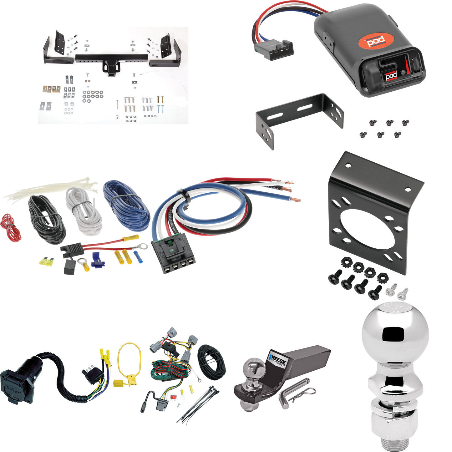 Se adapta al paquete de enganche de remolque Jeep Grand Cherokee 1994-1998 con control de freno POD serie Pro + adaptador de cableado BC genérico + cableado RV de 7 vías + soporte de bola y caída de 2" y 2-5/16" de Reese Towpower