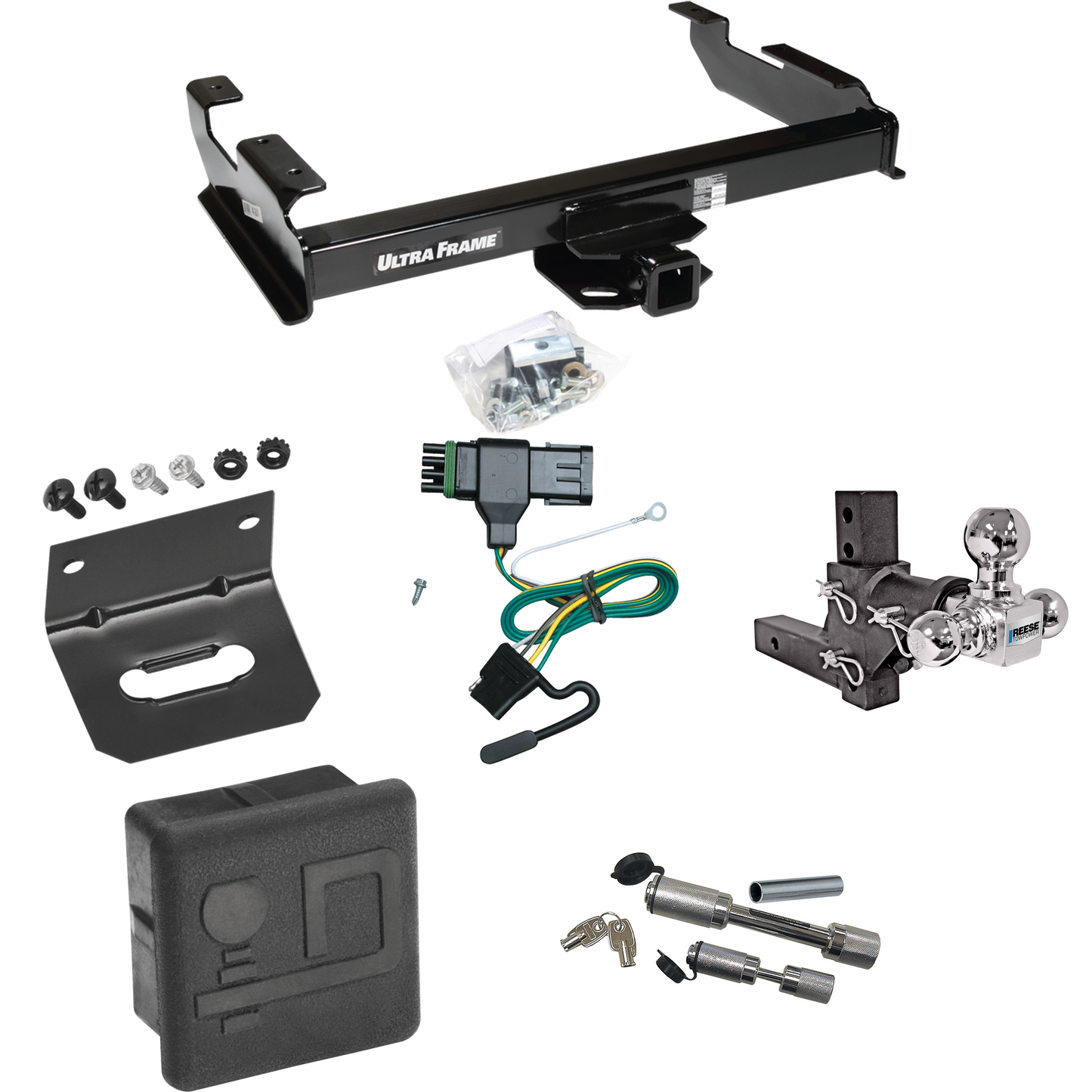 Fits 1992-2000 Chevrolet C2500 Trailer Hitch Tow PKG w/ 4-Flat Wiring Harness + Adjustable Drop Rise Triple Ball Ball Mount 1-7/8" & 2" & 2-5/16" Trailer Balls + Dual Hitch & Coupler Locks + Hitch Cover + Wiring Bracket (For Crew Cab Models) By Draw-