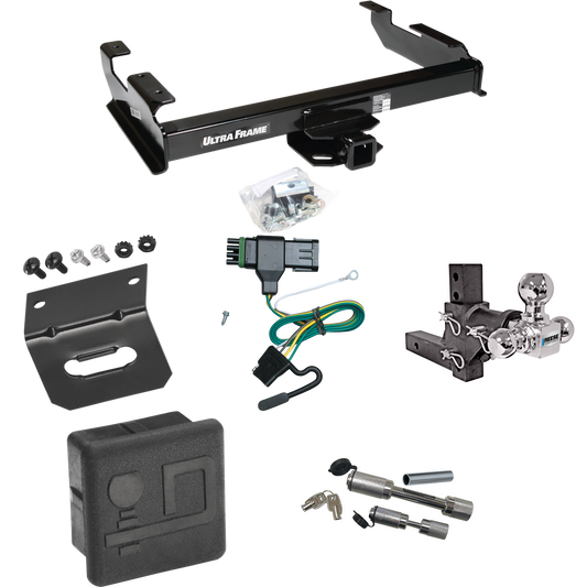 Fits 1992-2000 Chevrolet C2500 Trailer Hitch Tow PKG w/ 4-Flat Wiring Harness + Adjustable Drop Rise Triple Ball Ball Mount 1-7/8" & 2" & 2-5/16" Trailer Balls + Dual Hitch & Coupler Locks + Hitch Cover + Wiring Bracket (For Crew Cab Models) By Draw-