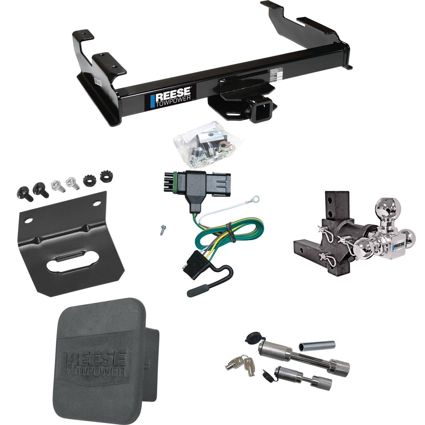 Fits 1988-2000 GMC K3500 Trailer Hitch Tow PKG w/ 4-Flat Wiring Harness + Adjustable Drop Rise Triple Ball Ball Mount 1-7/8" & 2" & 2-5/16" Trailer Balls + Dual Hitch & Coupler Locks + Hitch Cover + Wiring Bracket By Reese Towpower