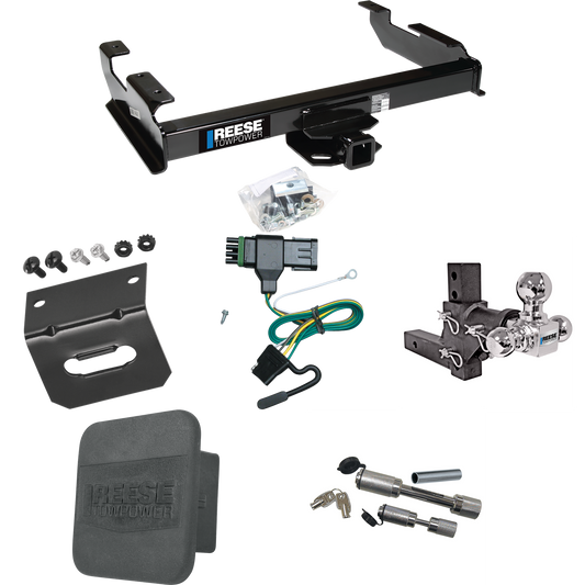 Fits 1988-2000 GMC C3500 Trailer Hitch Tow PKG w/ 4-Flat Wiring Harness + Adjustable Drop Rise Triple Ball Ball Mount 1-7/8" & 2" & 2-5/16" Trailer Balls + Dual Hitch & Coupler Locks + Hitch Cover + Wiring Bracket By Reese Towpower