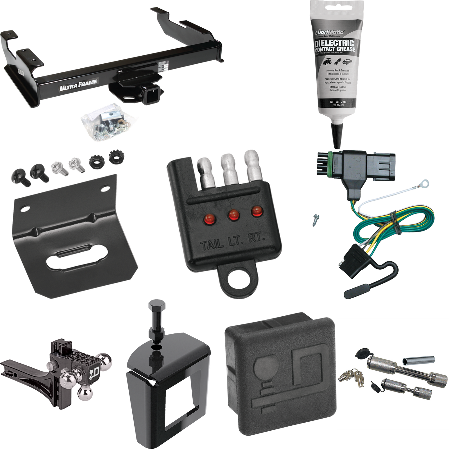 Fits 1988-2000 GMC K2500 Trailer Hitch Tow PKG w/ 4-Flat Wiring Harness + Adjustable Drop Rise Triple Ball Ball Mount 1-7/8" & 2" & 2-5/16" Trailer Balls + Dual Hitch & Coupler Locks + Hitch Cover + Wiring Bracket + Wiring Tester + Electric Grease +