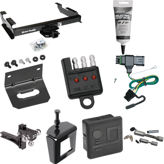 Fits 1988-2000 GMC K2500 Trailer Hitch Tow PKG w/ 4-Flat Wiring Harness + Adjustable Drop Rise Triple Ball Ball Mount 1-7/8" & 2" & 2-5/16" Trailer Balls + Dual Hitch & Coupler Locks + Hitch Cover + Wiring Bracket + Wiring Tester + Electric Grease +