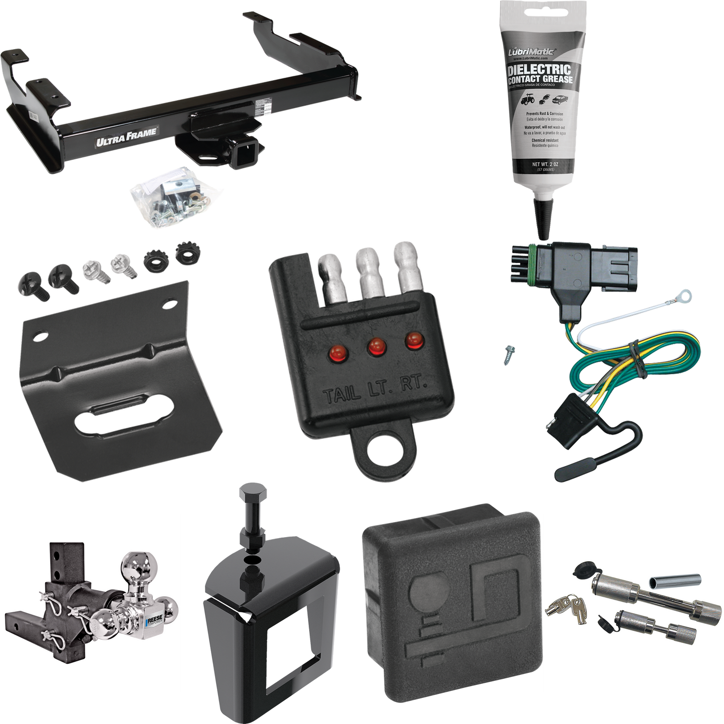 Fits 1988-1999 GMC C1500 Trailer Hitch Tow PKG w/ 4-Flat Wiring Harness + Adjustable Drop Rise Triple Ball Ball Mount 1-7/8" & 2" & 2-5/16" Trailer Balls + Dual Hitch & Coupler Locks + Hitch Cover + Wiring Bracket + Wiring Tester + Electric Grease +