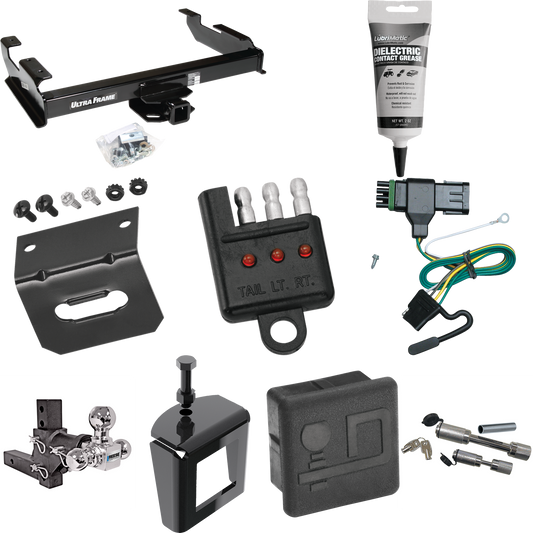 Fits 1988-1999 GMC C1500 Trailer Hitch Tow PKG w/ 4-Flat Wiring Harness + Adjustable Drop Rise Triple Ball Ball Mount 1-7/8" & 2" & 2-5/16" Trailer Balls + Dual Hitch & Coupler Locks + Hitch Cover + Wiring Bracket + Wiring Tester + Electric Grease +