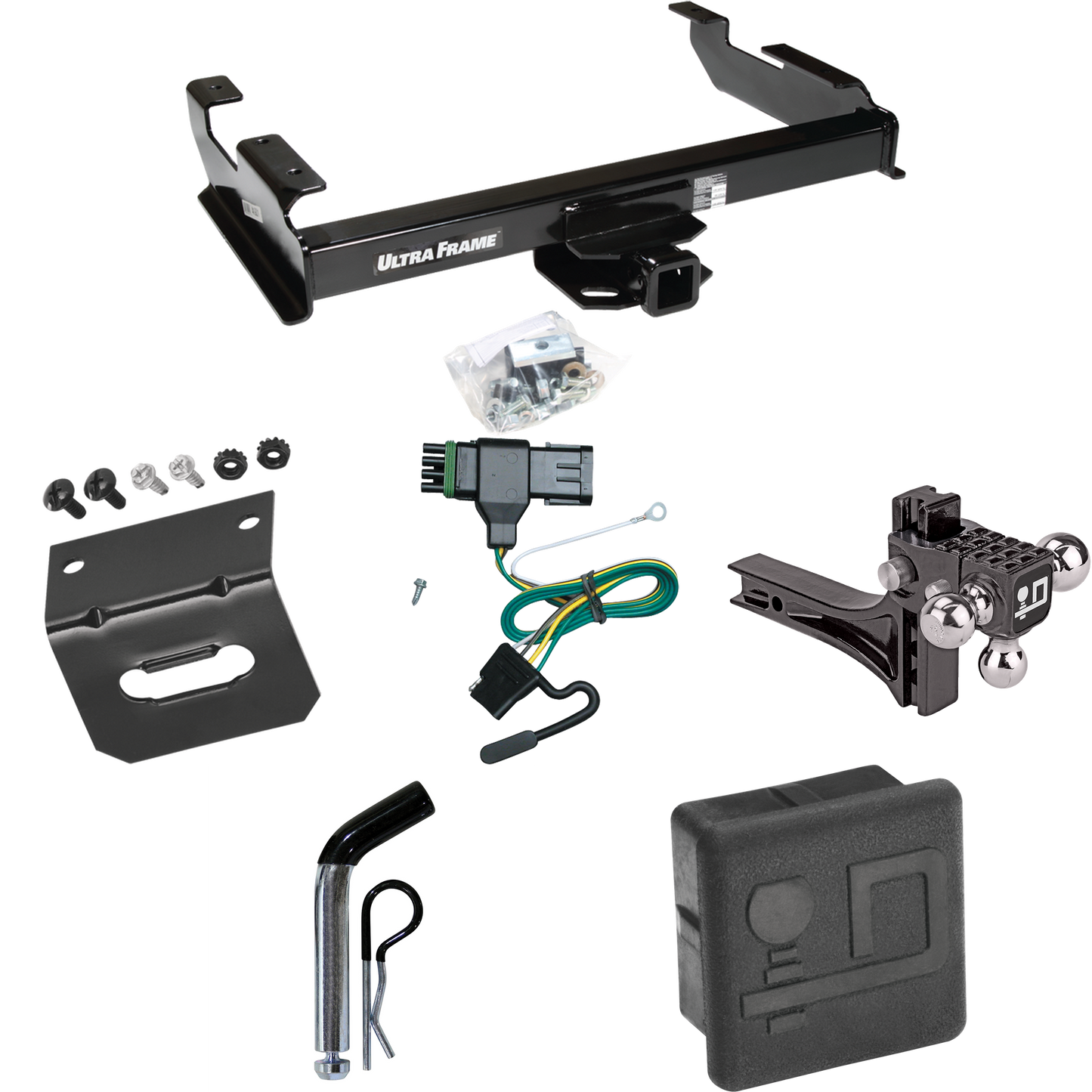 Fits 1988-2000 GMC C3500 Trailer Hitch Tow PKG w/ 4-Flat Wiring Harness + Adjustable Drop Rise Triple Ball Ball Mount 1-7/8" & 2" & 2-5/16" Trailer Balls + Pin/Clip + Hitch Cover + Wiring Bracket By Draw-Tite