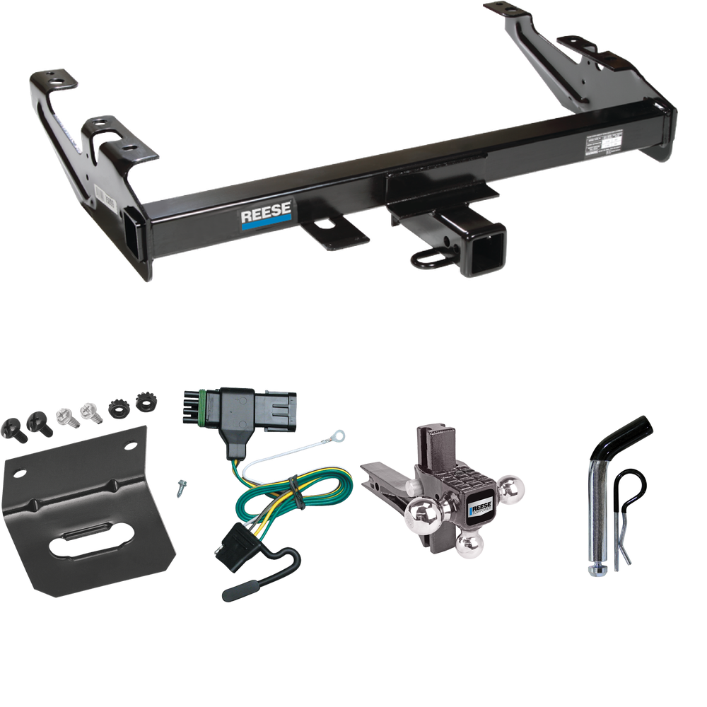 Fits 1988-2000 GMC C3500 Trailer Hitch Tow PKG w/ 4-Flat Wiring Harness + Adjustable Drop Rise Triple Ball Ball Mount 1-7/8" & 2" & 2-5/16" Trailer Balls + Pin/Clip + Wiring Bracket By Reese Towpower