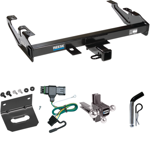 Fits 1988-2000 GMC C3500 Trailer Hitch Tow PKG w/ 4-Flat Wiring Harness + Adjustable Drop Rise Triple Ball Ball Mount 1-7/8" & 2" & 2-5/16" Trailer Balls + Pin/Clip + Wiring Bracket By Reese Towpower