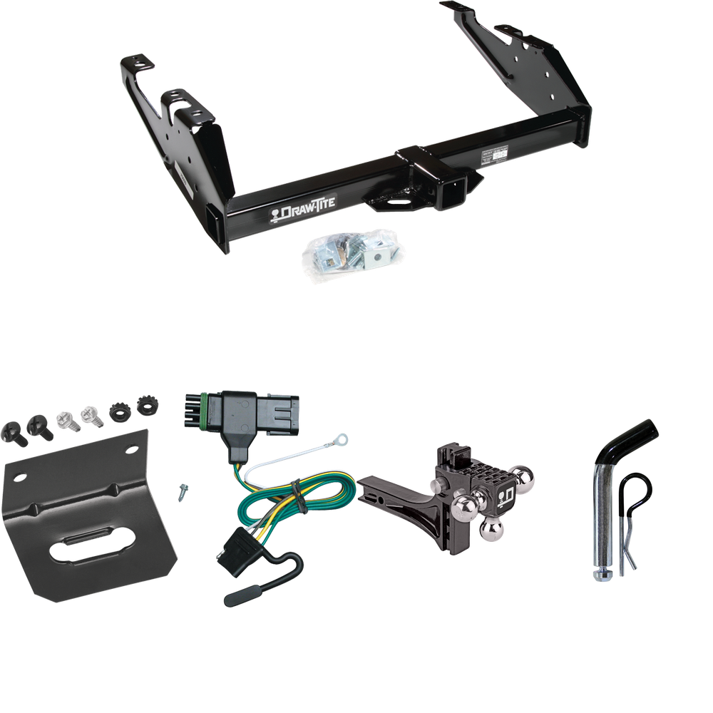 Fits 1988-2000 GMC C2500 Trailer Hitch Tow PKG w/ 4-Flat Wiring Harness + Adjustable Drop Rise Triple Ball Ball Mount 1-7/8" & 2" & 2-5/16" Trailer Balls + Pin/Clip + Wiring Bracket By Draw-Tite