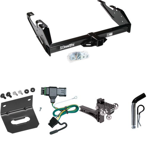 Fits 1988-2000 GMC C2500 Trailer Hitch Tow PKG w/ 4-Flat Wiring Harness + Adjustable Drop Rise Triple Ball Ball Mount 1-7/8" & 2" & 2-5/16" Trailer Balls + Pin/Clip + Wiring Bracket By Draw-Tite