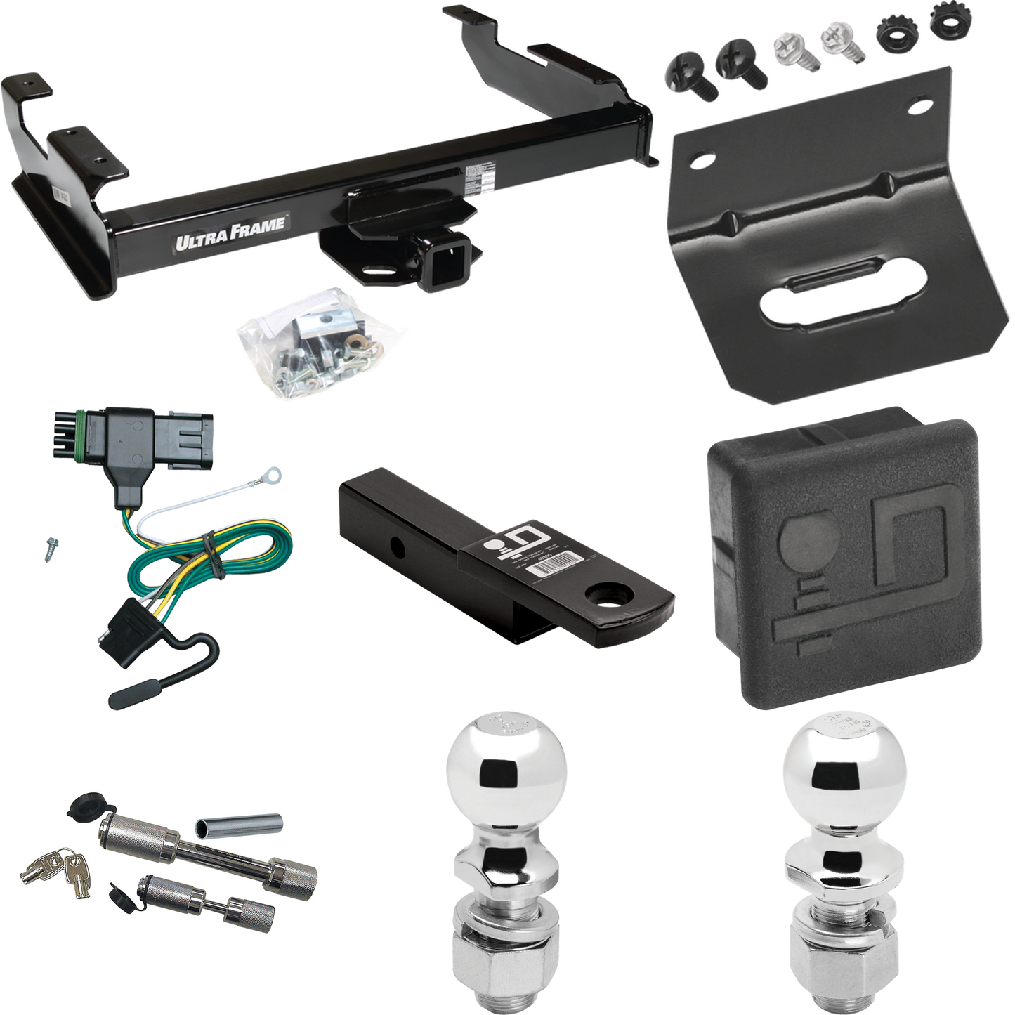 Fits 1988-2000 GMC K3500 Trailer Hitch Tow PKG w/ 4-Flat Wiring Harness + Ball Mount w/ 2" Drop + Dual Hitch & Coupler Locks + 2" Ball + 2-5/16" Ball + Hitch Cover + Wiring Bracket By Draw-Tite