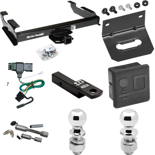 Fits 1988-2000 GMC K3500 Trailer Hitch Tow PKG w/ 4-Flat Wiring Harness + Ball Mount w/ 2" Drop + Dual Hitch & Coupler Locks + 2" Ball + 2-5/16" Ball + Hitch Cover + Wiring Bracket By Draw-Tite