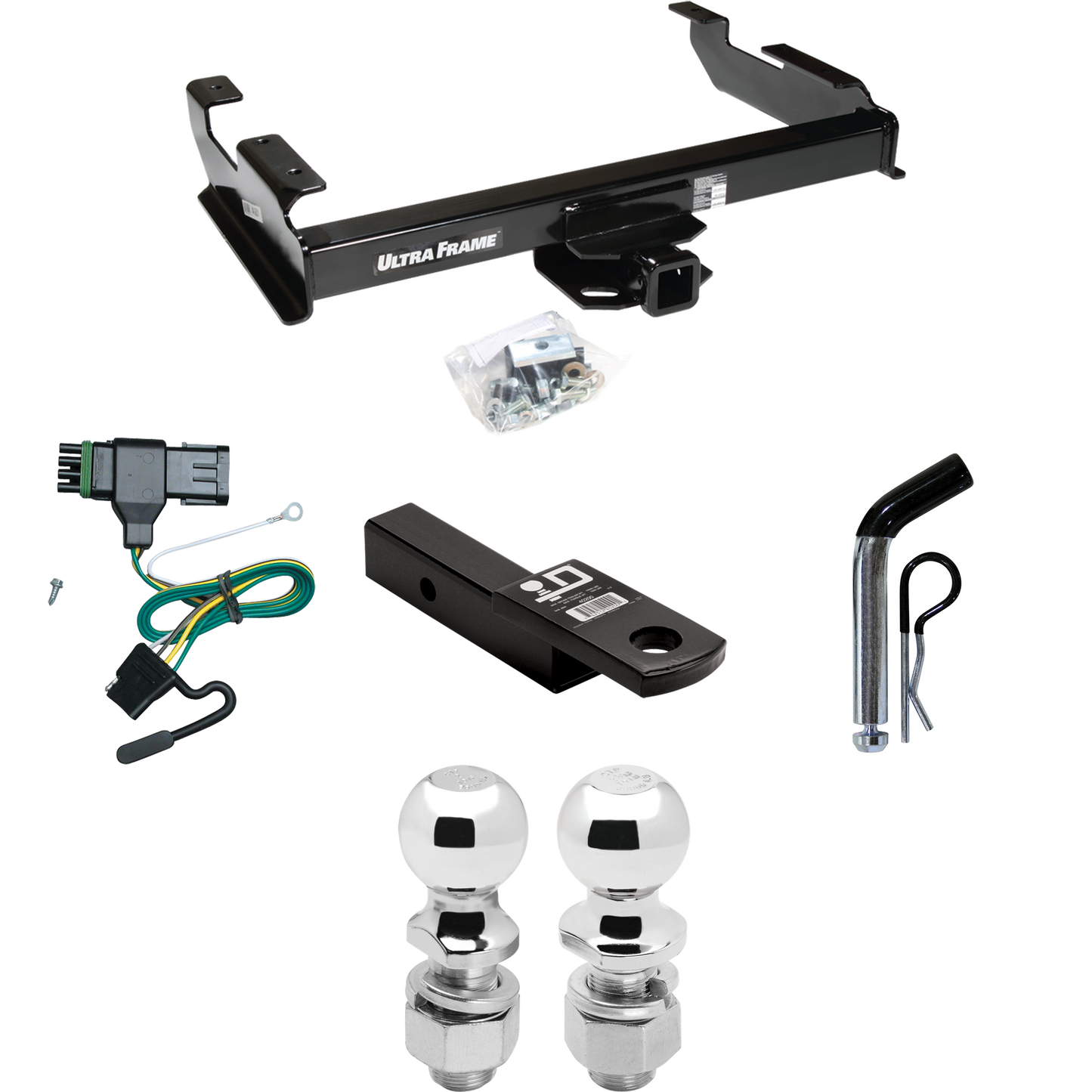 Fits 1988-2000 GMC C2500 Trailer Hitch Tow PKG w/ 4-Flat Wiring Harness + Ball Mount w/ 2" Drop + Pin/Clip + 2" Ball + 2-5/16" Ball By Draw-Tite