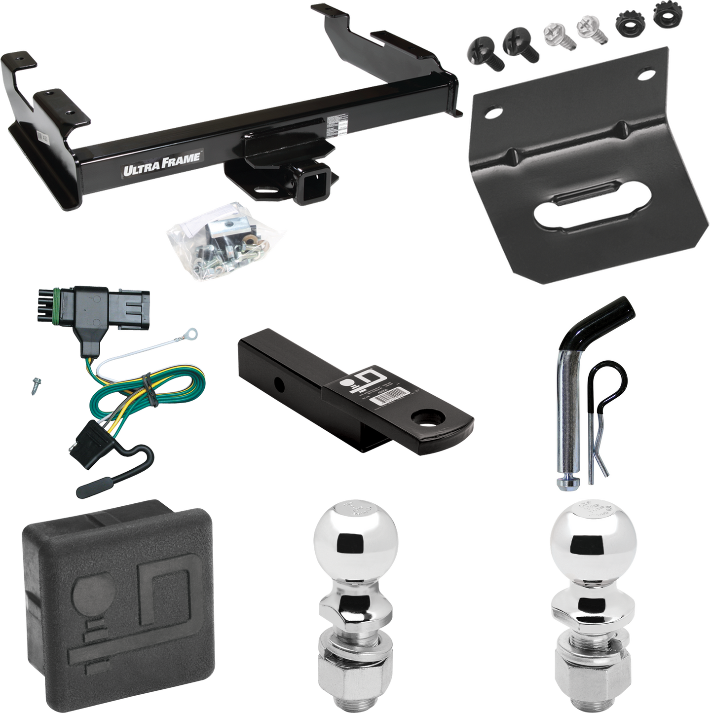 Fits 1988-1999 GMC K1500 Trailer Hitch Tow PKG w/ 4-Flat Wiring Harness + Ball Mount w/ 2" Drop + Pin/Clip + 2" Ball + 2-5/16" Ball + Hitch Cover + Wiring Bracket By Draw-Tite