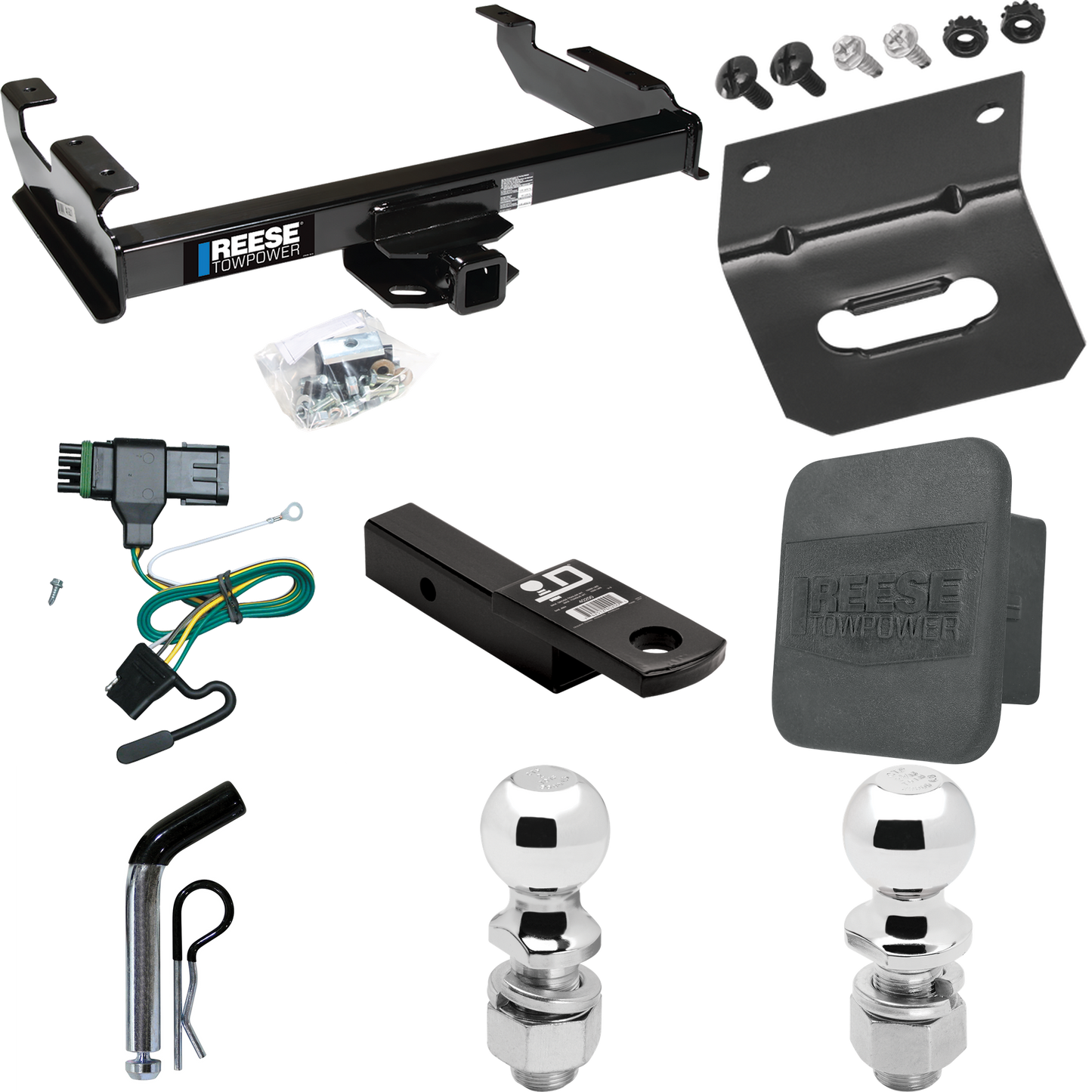 Fits 1988-1999 Chevrolet C1500 Trailer Hitch Tow PKG w/ 4-Flat Wiring Harness + Ball Mount w/ 2" Drop + Pin/Clip + 2" Ball + 2-5/16" Ball + Hitch Cover + Wiring Bracket By Reese Towpower