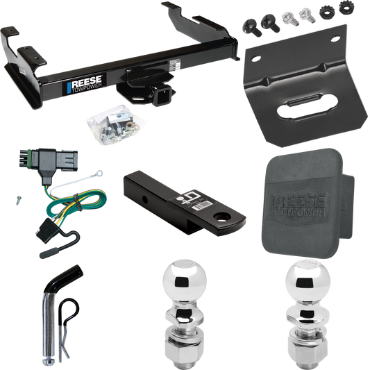 Fits 1988-1999 Chevrolet C1500 Trailer Hitch Tow PKG w/ 4-Flat Wiring Harness + Ball Mount w/ 2" Drop + Pin/Clip + 2" Ball + 2-5/16" Ball + Hitch Cover + Wiring Bracket By Reese Towpower