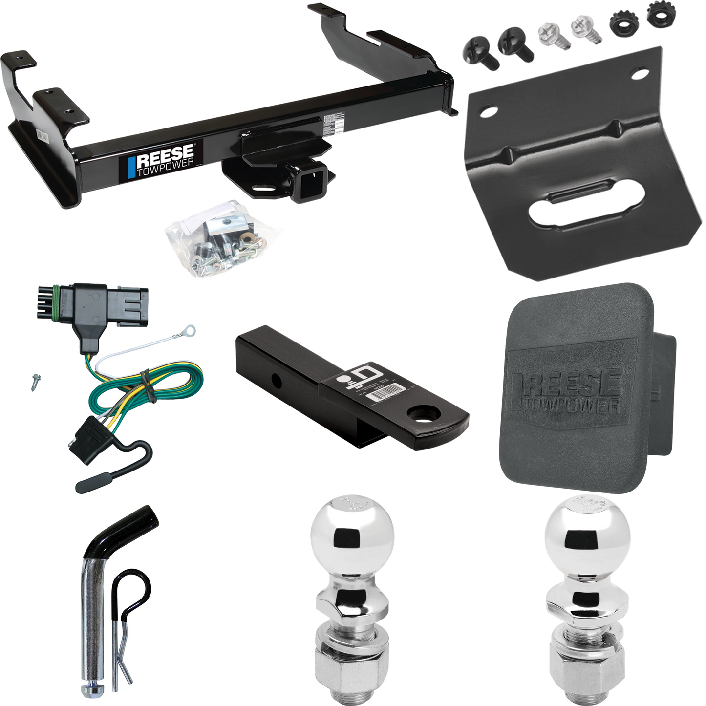 Fits 1988-1999 Chevrolet K1500 Trailer Hitch Tow PKG w/ 4-Flat Wiring Harness + Ball Mount w/ 2" Drop + Pin/Clip + 2" Ball + 2-5/16" Ball + Hitch Cover + Wiring Bracket By Reese Towpower