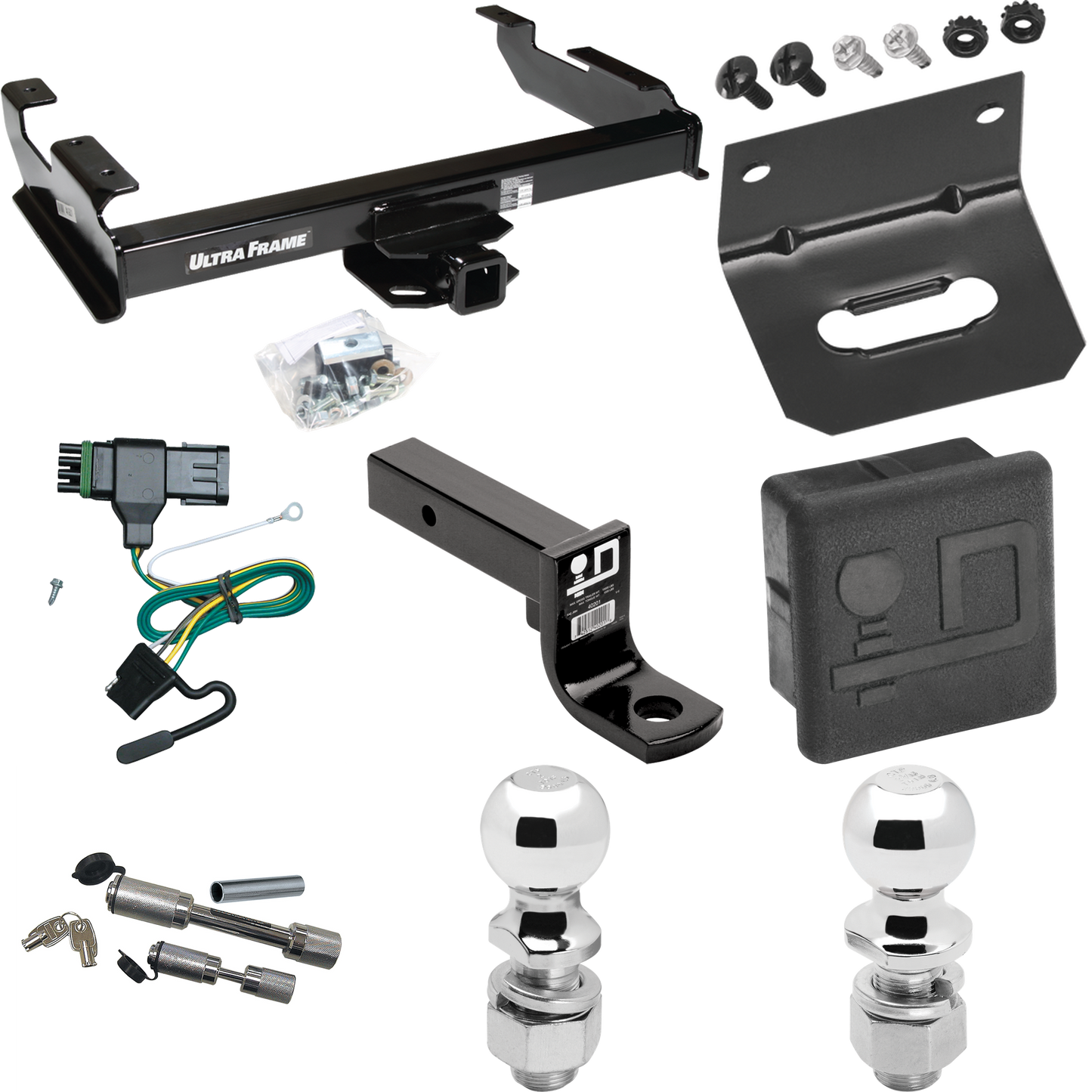 Fits 1988-1999 GMC C1500 Trailer Hitch Tow PKG w/ 4-Flat Wiring Harness + Ball Mount w/ 4" Drop + Dual Hitch & Coupler Locks + 2" Ball + 2-5/16" Ball + Hitch Cover + Wiring Bracket By Draw-Tite