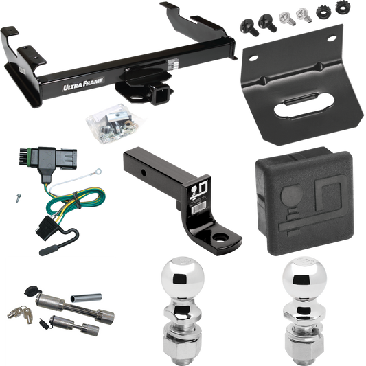 Fits 1988-1999 GMC C1500 Trailer Hitch Tow PKG w/ 4-Flat Wiring Harness + Ball Mount w/ 4" Drop + Dual Hitch & Coupler Locks + 2" Ball + 2-5/16" Ball + Hitch Cover + Wiring Bracket By Draw-Tite