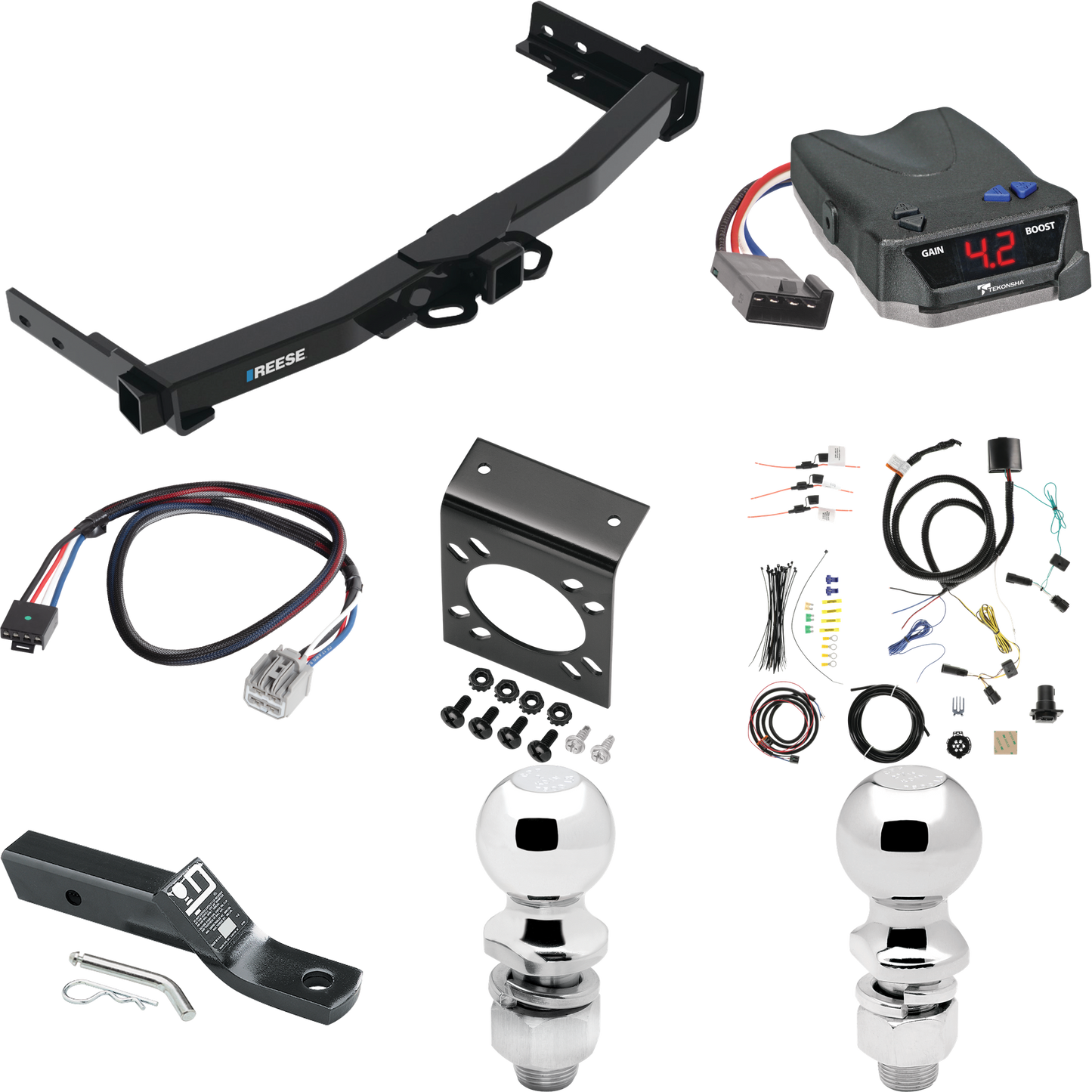 Fits 2022-2023 Jeep Grand Cherokee Trailer Hitch Tow PKG w/ Tekonsha BRAKE-EVN Brake Control + Plug & Play BC Adapter + 7-Way RV Wiring + 2" & 2-5/16" Ball & Drop Mount By Reese Towpower