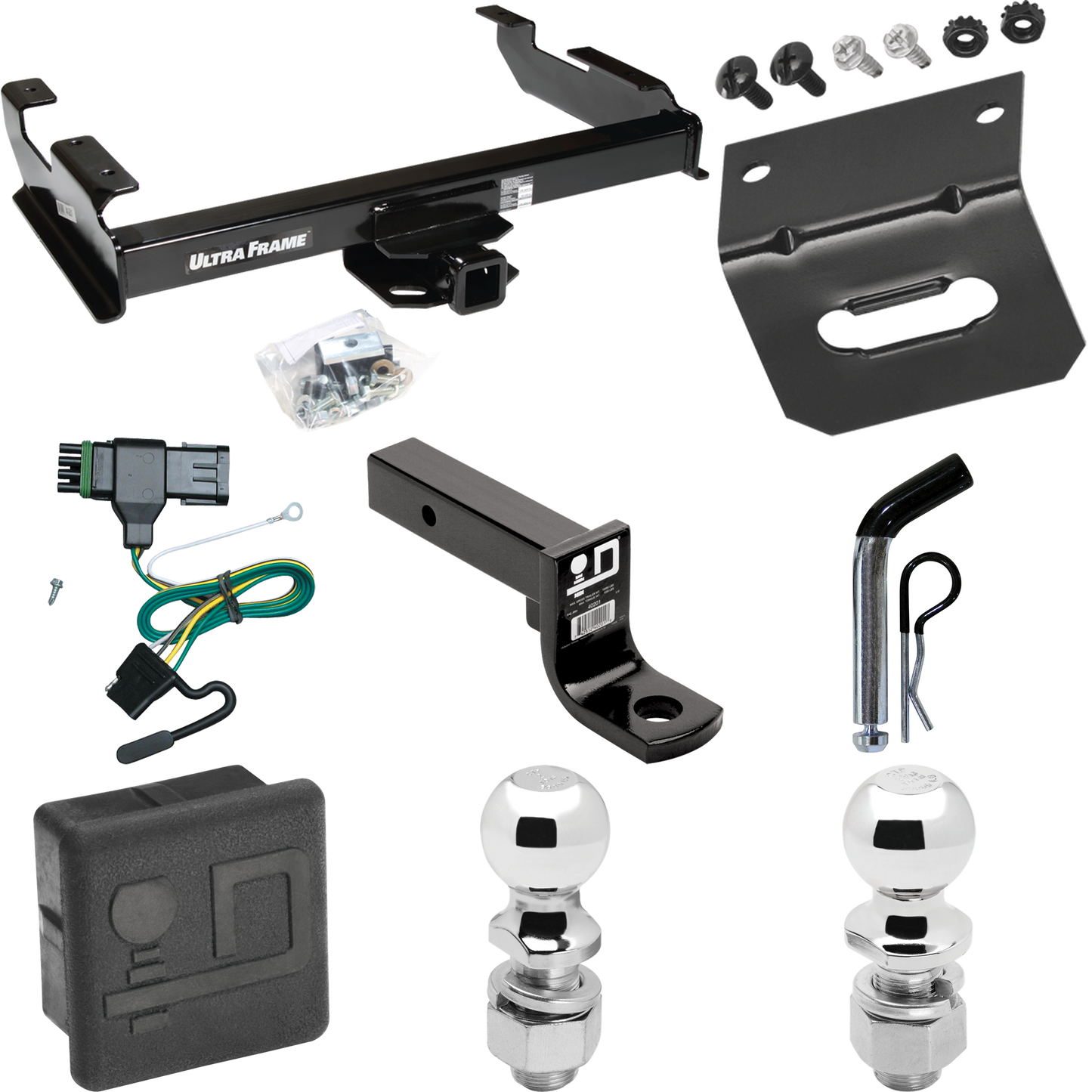 Fits 1988-2000 Chevrolet K2500 Trailer Hitch Tow PKG w/ 4-Flat Wiring Harness + Ball Mount w/ 4" Drop + Pin/Clip + 2" Ball + 2-5/16" Ball + Hitch Cover + Wiring Bracket (For Regular & Extended Cabs Models) By Draw-Tite