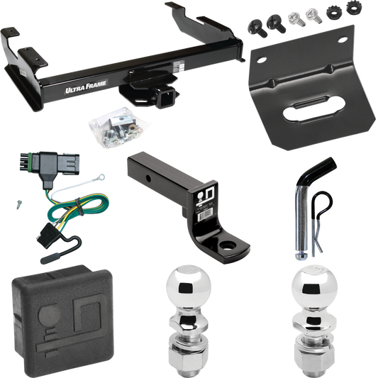 Fits 1988-2000 Chevrolet K2500 Trailer Hitch Tow PKG w/ 4-Flat Wiring Harness + Ball Mount w/ 4" Drop + Pin/Clip + 2" Ball + 2-5/16" Ball + Hitch Cover + Wiring Bracket (For Regular & Extended Cabs Models) By Draw-Tite