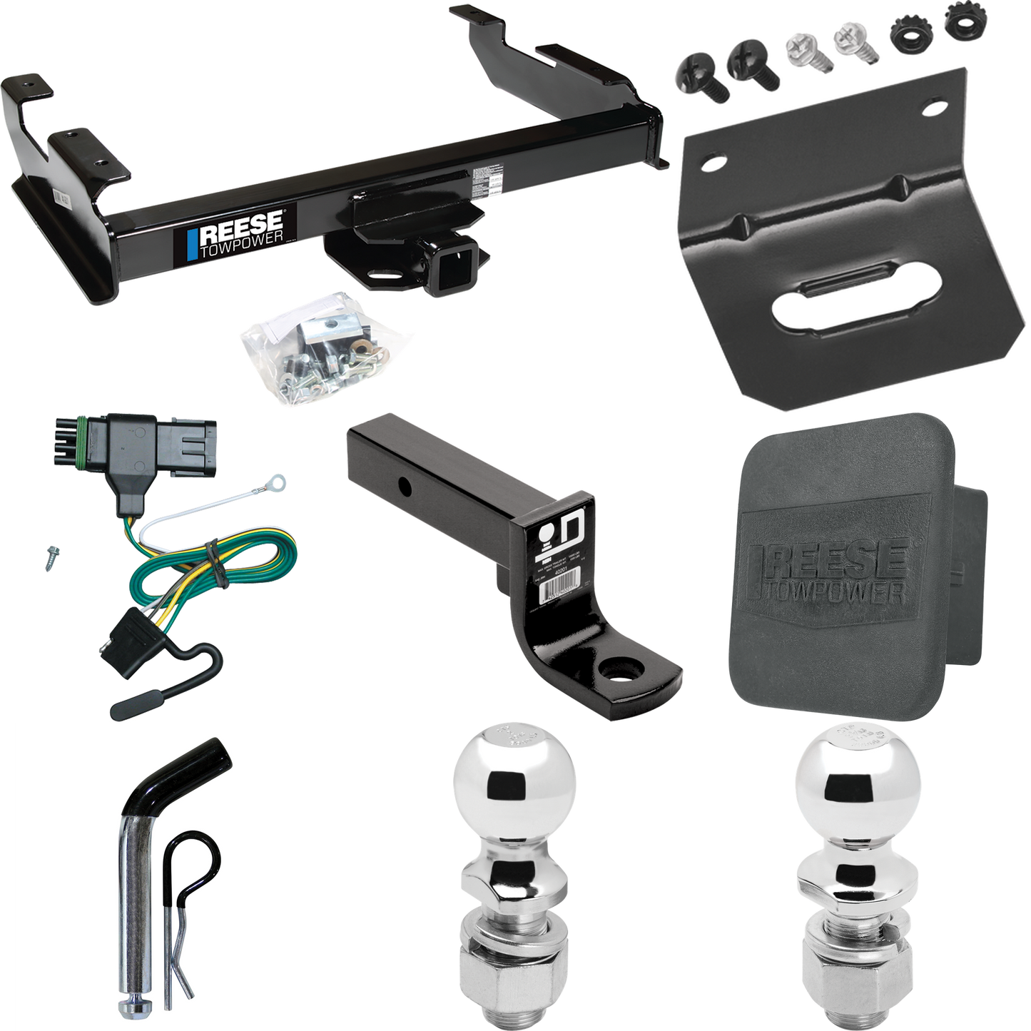 Fits 1988-1999 Chevrolet K1500 Trailer Hitch Tow PKG w/ 4-Flat Wiring Harness + Ball Mount w/ 4" Drop + Pin/Clip + 2" Ball + 2-5/16" Ball + Hitch Cover + Wiring Bracket By Reese Towpower