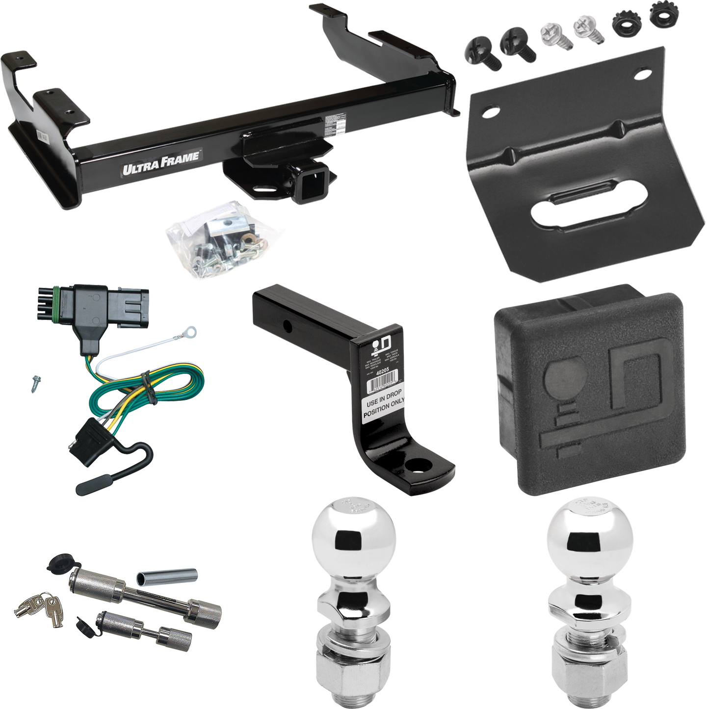 Fits 1988-1999 Chevrolet C1500 Trailer Hitch Tow PKG w/ 4-Flat Wiring Harness + Ball Mount w/ 6" Drop + Dual Hitch & Coupler Locks + 2" Ball + 2-5/16" Ball + Hitch Cover + Wiring Bracket By Draw-Tite