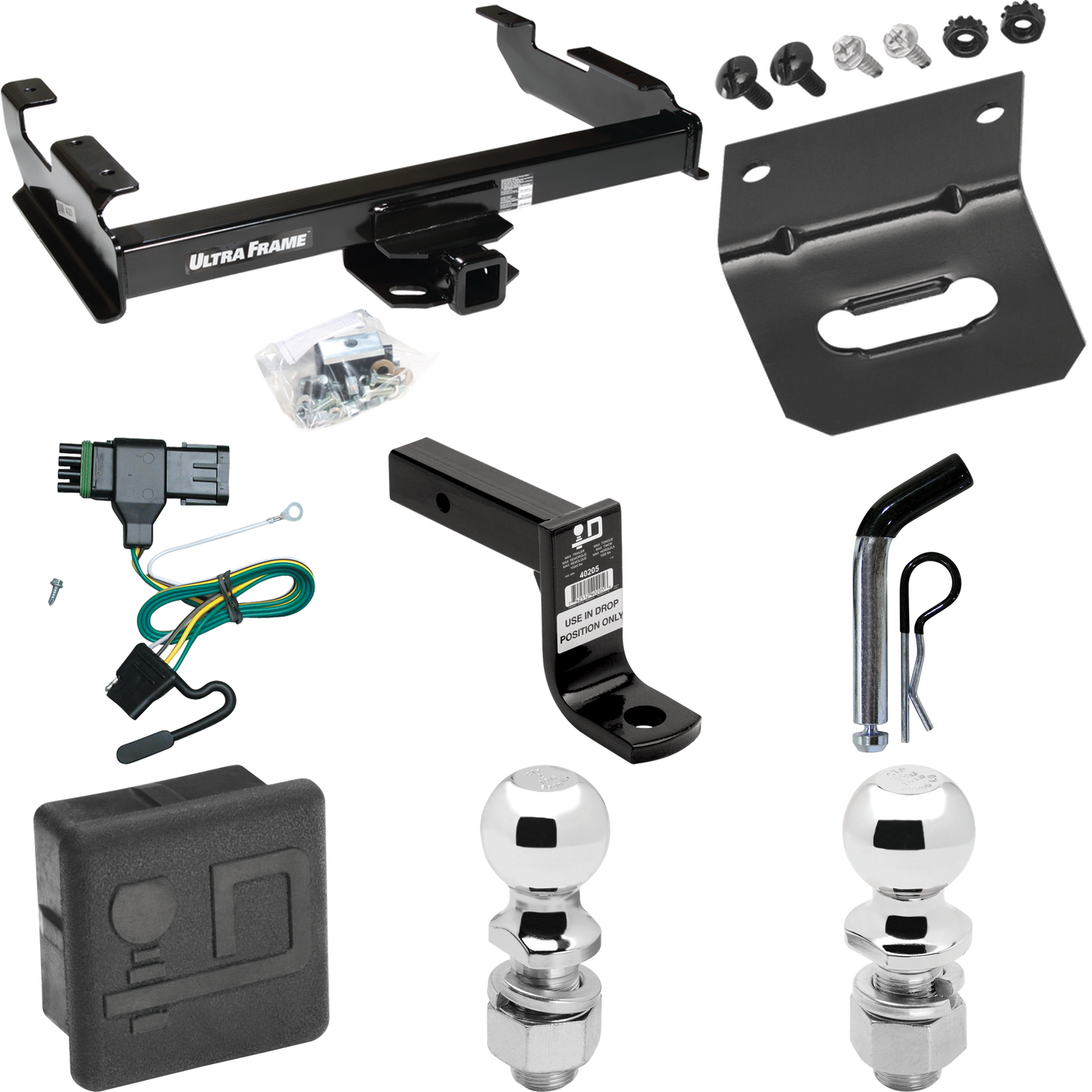 Fits 1988-2000 GMC K2500 Trailer Hitch Tow PKG w/ 4-Flat Wiring Harness + Ball Mount w/ 6" Drop + Pin/Clip + 2" Ball + 2-5/16" Ball + Hitch Cover + Wiring Bracket By Draw-Tite