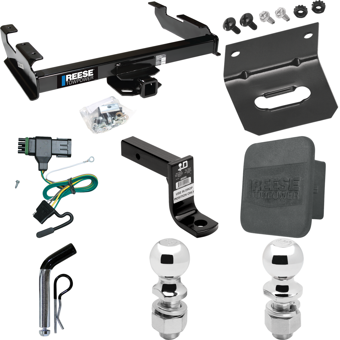 Fits 1992-2000 Chevrolet K2500 Trailer Hitch Tow PKG w/ 4-Flat Wiring Harness + Ball Mount w/ 6" Drop + Pin/Clip + 2" Ball + 2-5/16" Ball + Hitch Cover + Wiring Bracket (For Crew Cab Models) By Reese Towpower