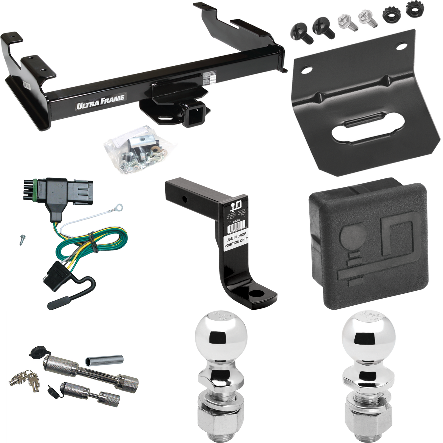 Fits 1988-2000 Chevrolet C3500 Trailer Hitch Tow PKG w/ 4-Flat Wiring Harness + Ball Mount w/ 8" Drop + Dual Hitch & Coupler Locks + 2" Ball + 2-5/16" Ball + Hitch Cover + Wiring Bracket (For Regular & Extended Cabs Models) By Draw-Tite