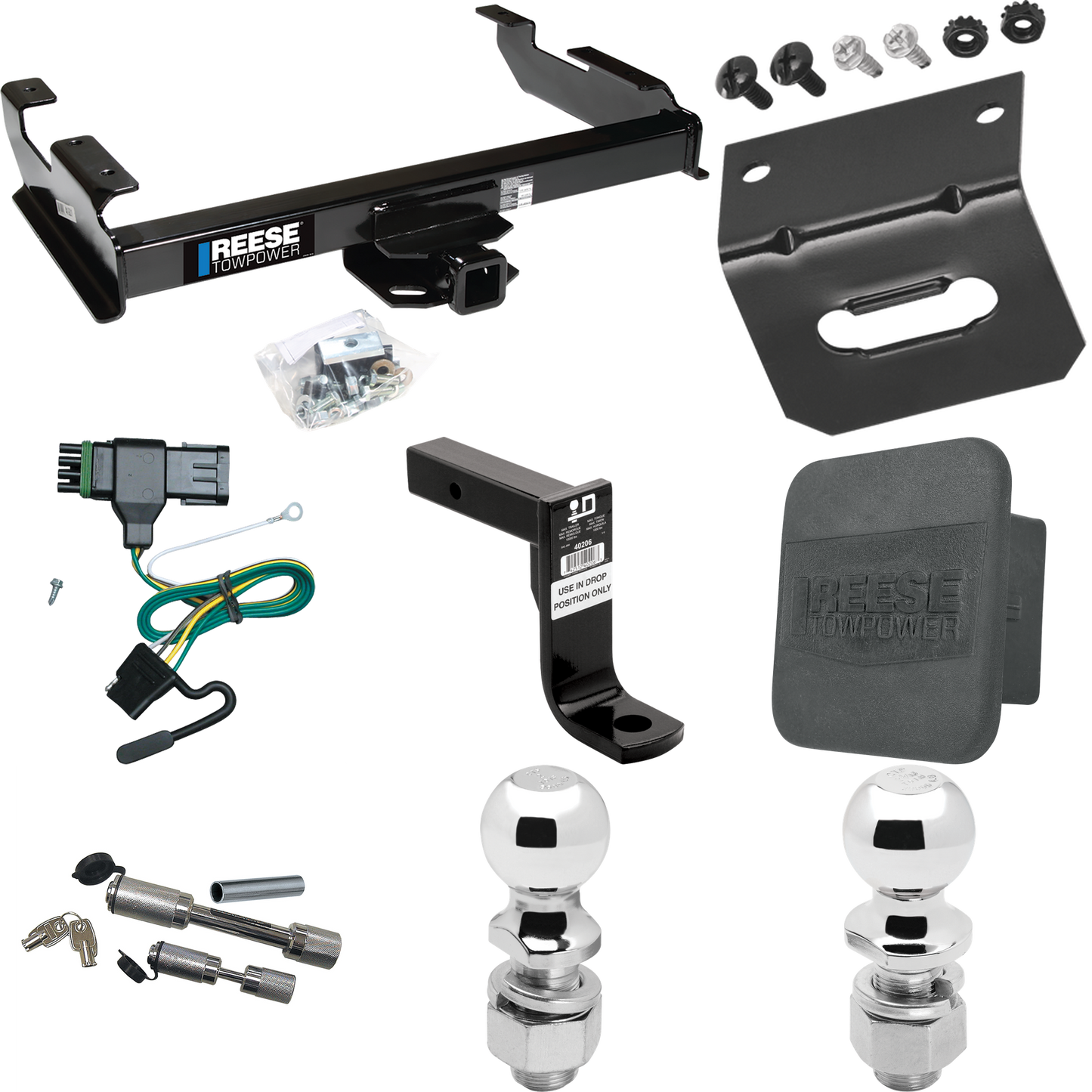 Fits 1988-2000 Chevrolet C2500 Trailer Hitch Tow PKG w/ 4-Flat Wiring Harness + Ball Mount w/ 8" Drop + Dual Hitch & Coupler Locks + 2" Ball + 2-5/16" Ball + Hitch Cover + Wiring Bracket (For Regular & Extended Cabs Models) By Reese Towpower