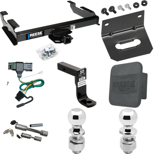 Fits 1988-2000 Chevrolet C2500 Trailer Hitch Tow PKG w/ 4-Flat Wiring Harness + Ball Mount w/ 8" Drop + Dual Hitch & Coupler Locks + 2" Ball + 2-5/16" Ball + Hitch Cover + Wiring Bracket (For Regular & Extended Cabs Models) By Reese Towpower