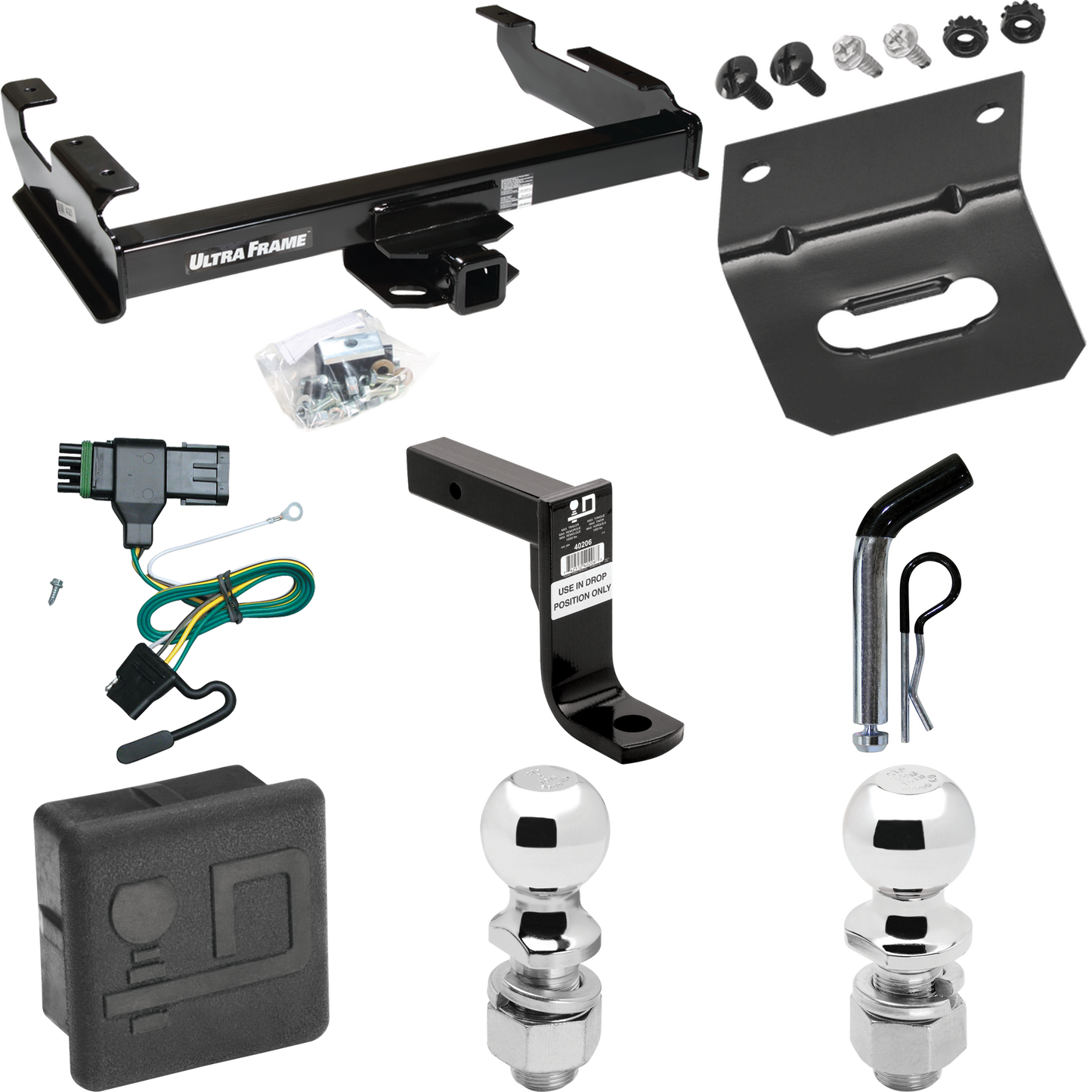 Fits 1988-2000 GMC C3500 Trailer Hitch Tow PKG w/ 4-Flat Wiring Harness + Ball Mount w/ 8" Drop + Pin/Clip + 2" Ball + 2-5/16" Ball + Hitch Cover + Wiring Bracket By Draw-Tite