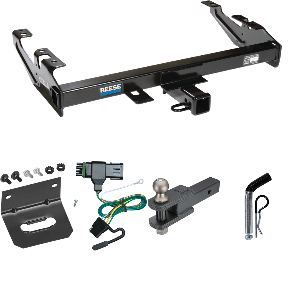 Fits 1988-1999 Chevrolet K1500 Trailer Hitch Tow PKG w/ 4-Flat Wiring Harness + Clevis Hitch Ball Mount w/ 2" Ball + Pin/Clip + Wiring Bracket By Reese Towpower