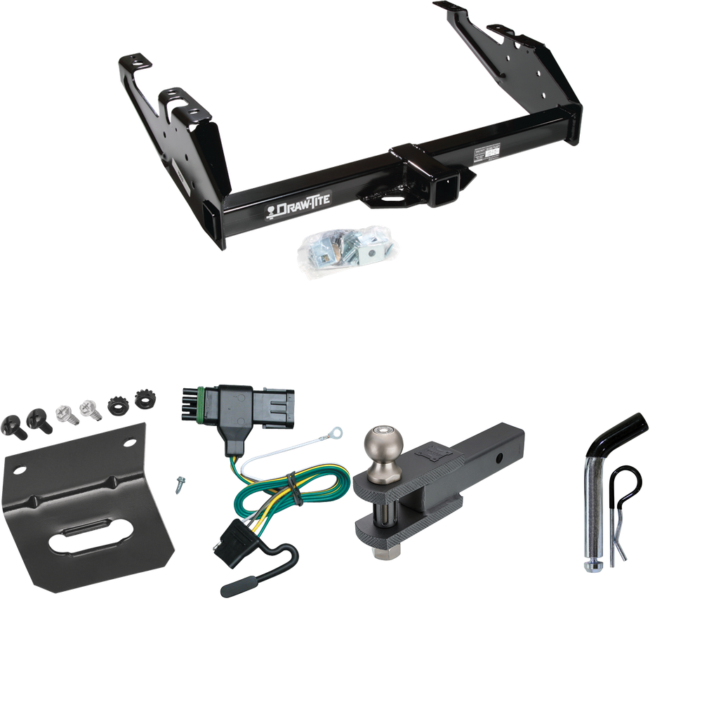 Fits 1988-2000 GMC K3500 Trailer Hitch Tow PKG w/ 4-Flat Wiring Harness + Clevis Hitch Ball Mount w/ 2" Ball + Pin/Clip + Wiring Bracket By Draw-Tite