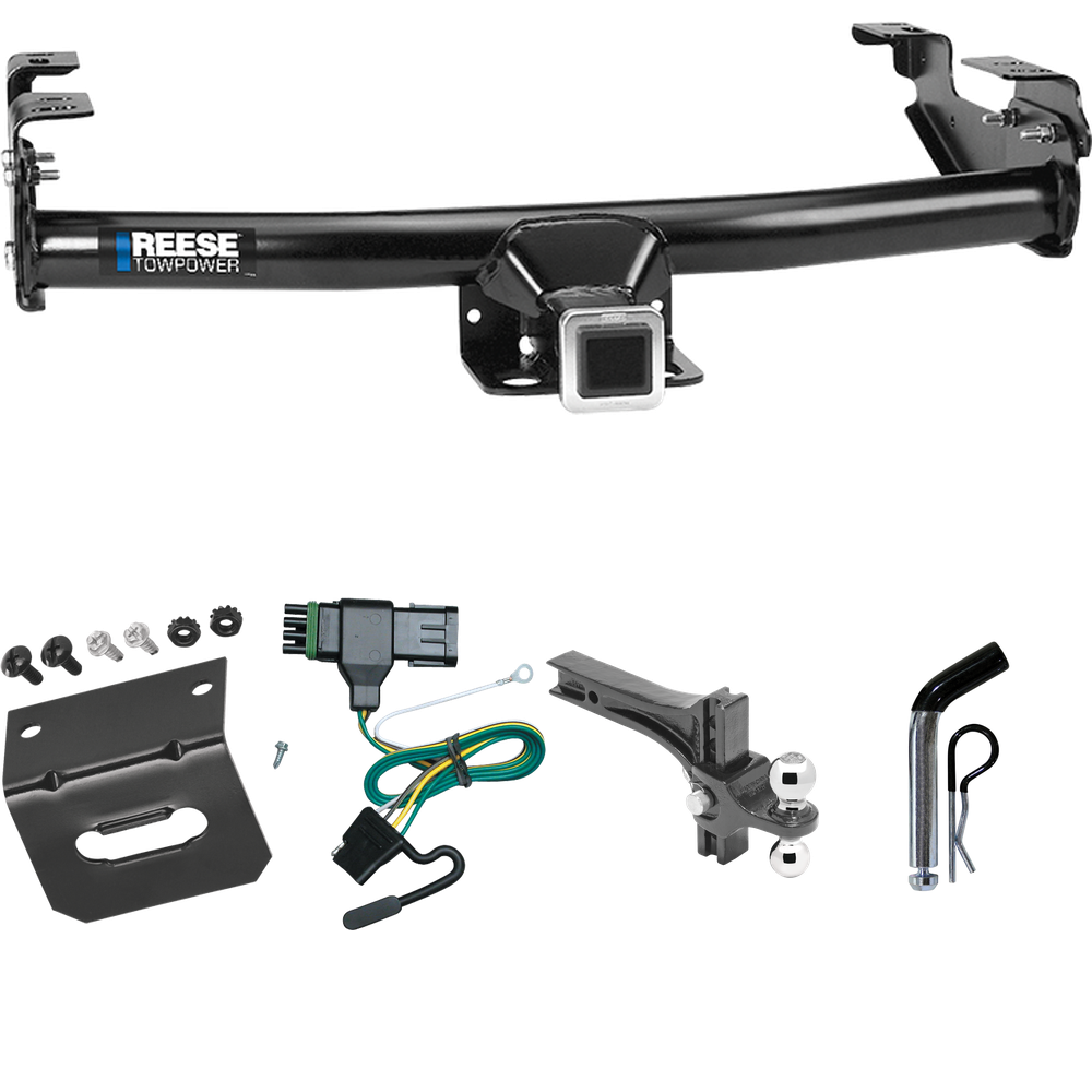 Fits 1988-2000 GMC C2500 Trailer Hitch Tow PKG w/ 4-Flat Wiring Harness + Dual Adjustable Drop Rise Ball Ball Mount 2" & 2-5/16" Trailer Balls + Pin/Clip + Wiring Bracket By Reese Towpower